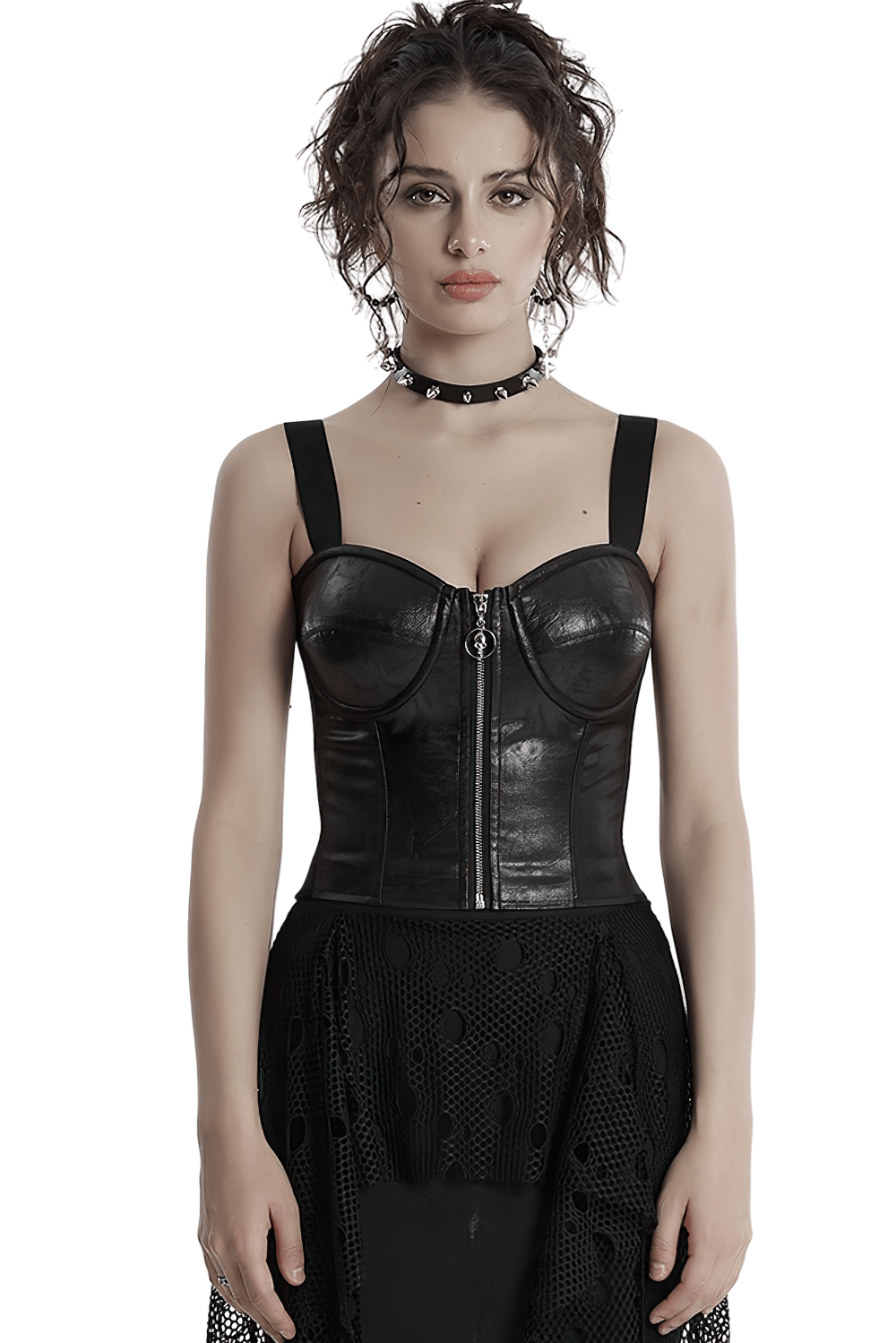 Punk faux leather corset with adjustable straps and skull zipper, perfect for an edgy, bold look.