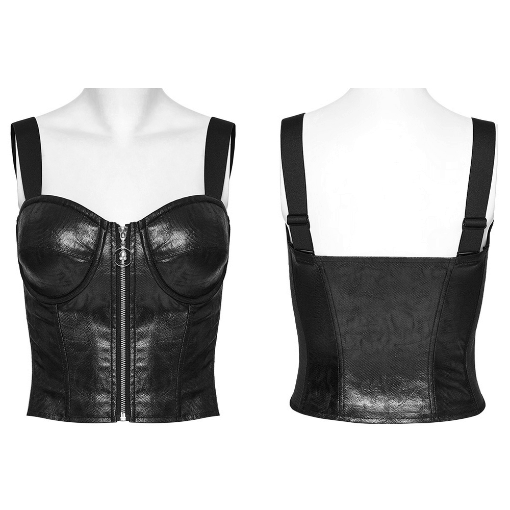 Punk faux leather corset with adjustable straps, featuring skull metal zipper and shiny fabric for an edgy fit.