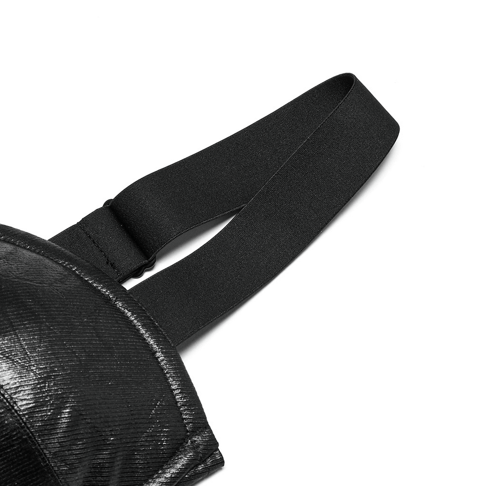 Close-up of adjustable straps on a punk faux leather corset, showcasing sleek fabric and ergonomic design.