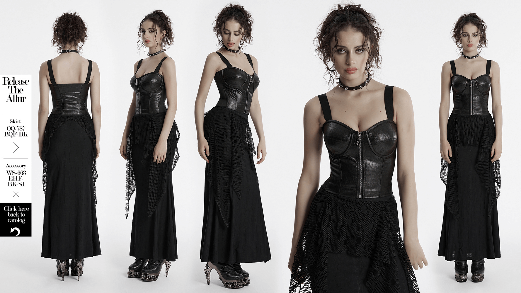 Punk faux leather corset dress with adjustable straps and edgy skull zipper detail.