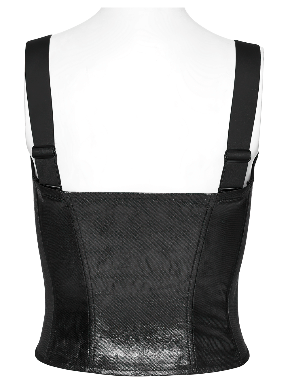 Back view of a punk faux leather corset with adjustable straps, showcasing its sleek design and tight fit.