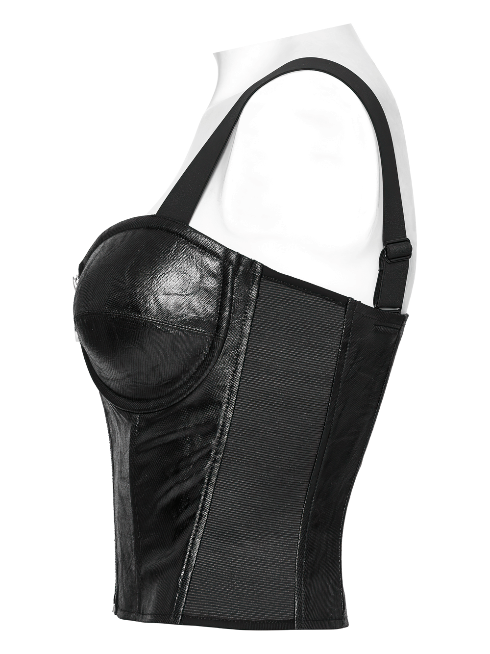 Punk faux leather corset with adjustable straps, showcasing a tight fit and edgy design.