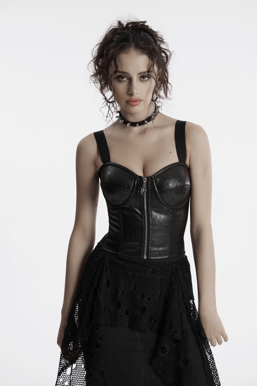 Punk faux leather corset with adjustable straps, highlighting bold style and fitted design, perfect for a rebellious look.