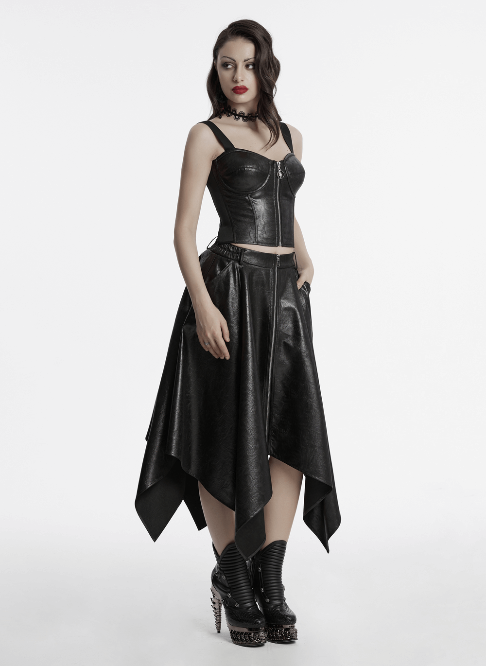Punk-inspired faux leather corset with adjustable straps and stylish high-low skirt, perfect for edgy fashion lovers.