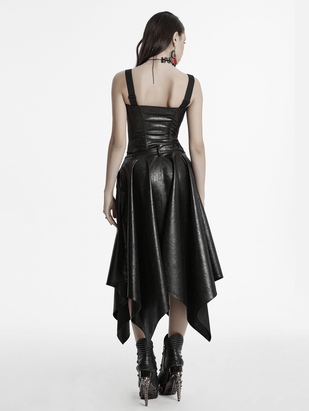 Back view of punk faux leather corset dress with adjustable straps, showcasing edgy style and unique design.