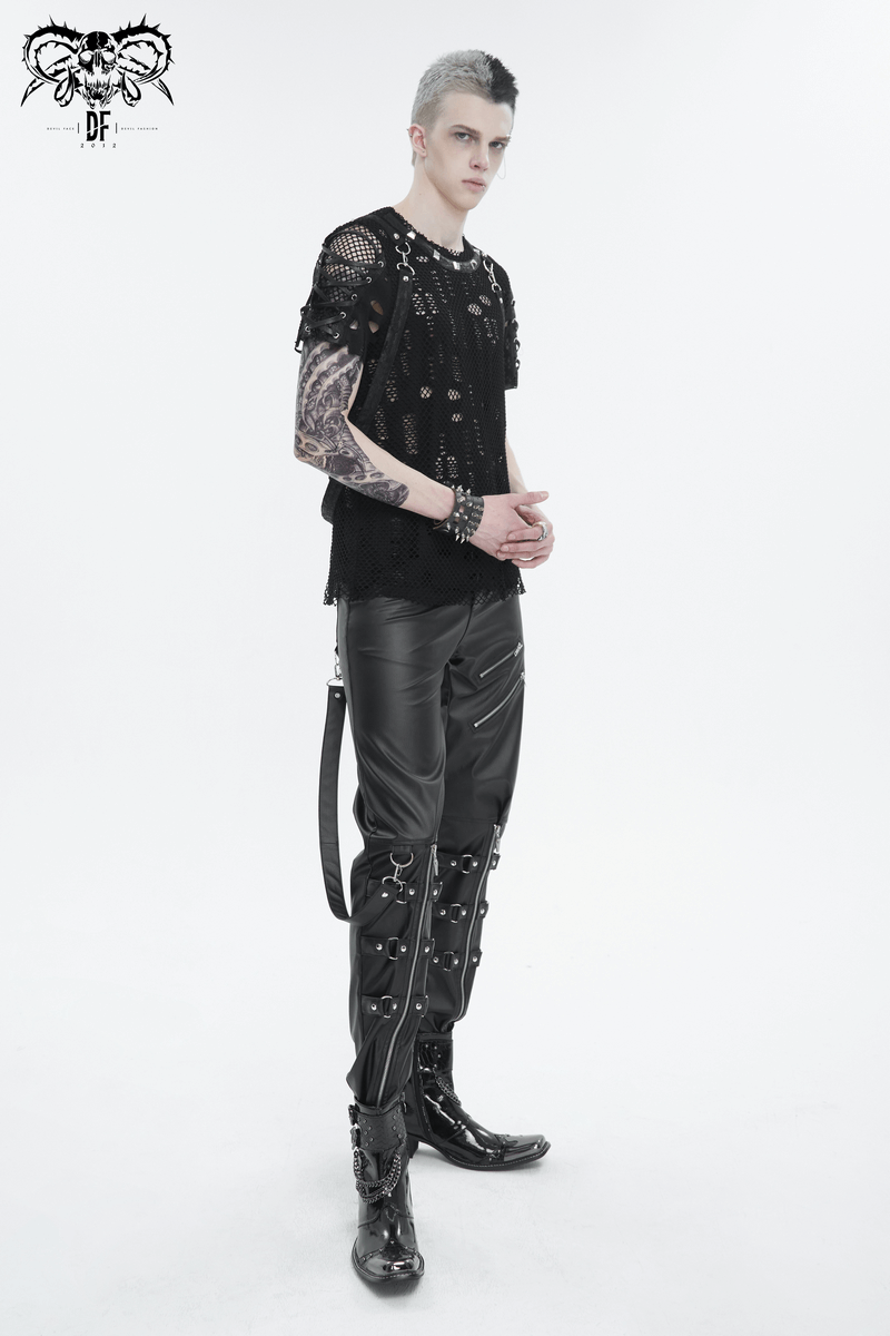 Punk Faux Leather Fitted Pants With Detachable Strap / Fashion Black Pockets Male Trousers - HARD'N'HEAVY