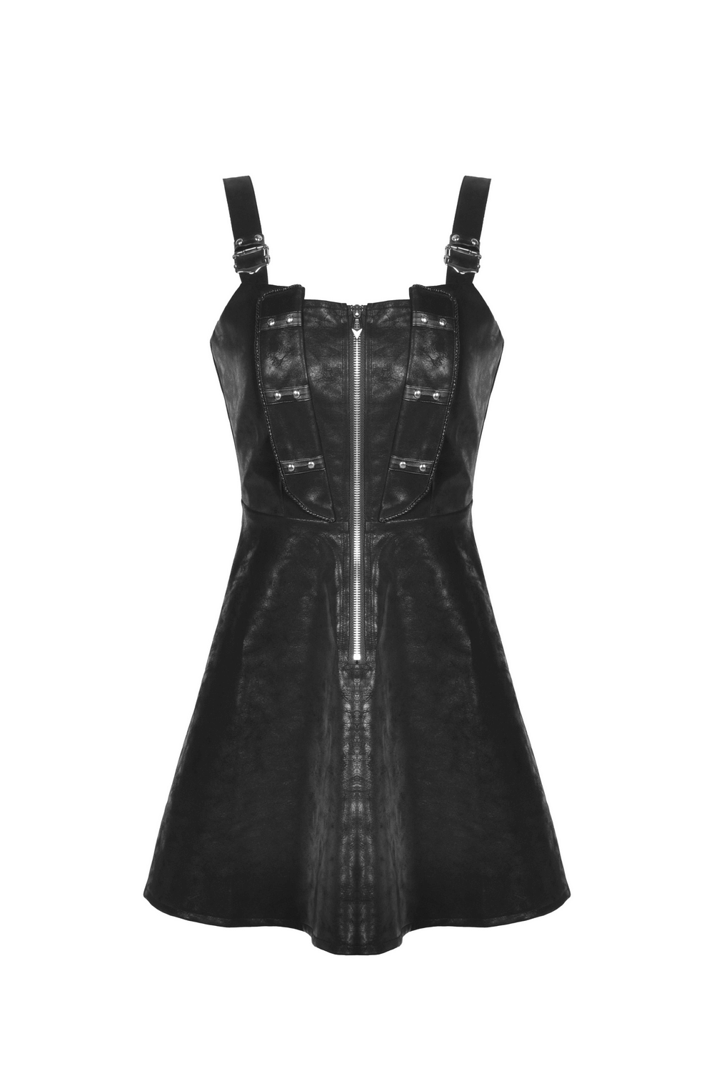 Punk faux leather mini dress for women with strap details and zipper, perfect for edgy rocker-chic style.