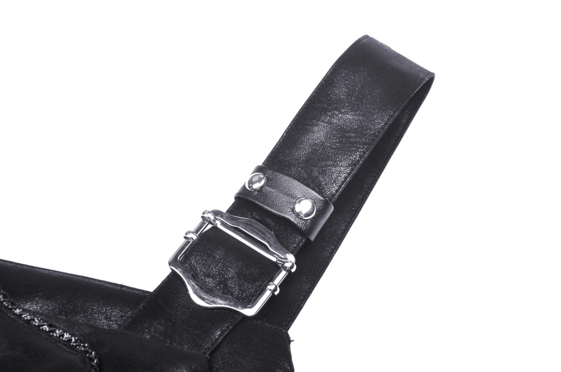 Close-up of black faux leather strap detail with silver buckle for women's punk mini dress.