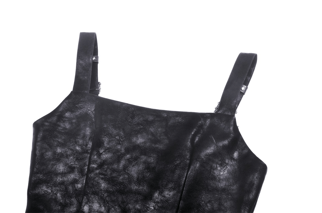 Close-up of punk faux leather strap detail mini dress for women, showcasing stylish black PU leather fabric and bold straps.
