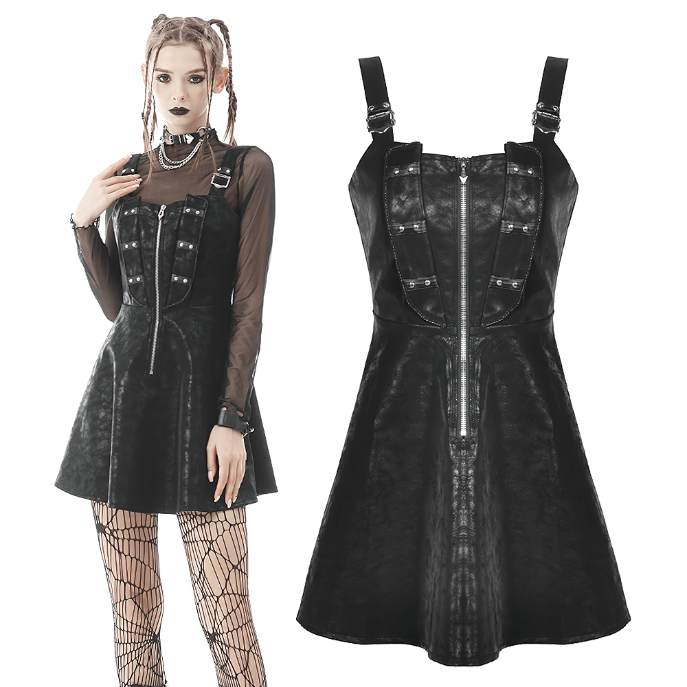 Punk faux leather strap detail mini dress for women with rivet and zipper accents, perfect for edgy fashion lovers.