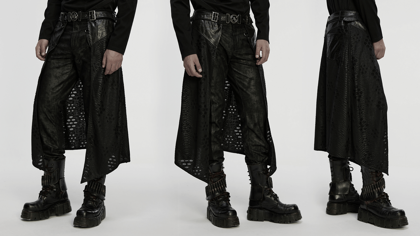 Punk Faux Leather Tattered Knitted Kilt for Men showcasing a stylish blend of adjustable belt and layered design.
