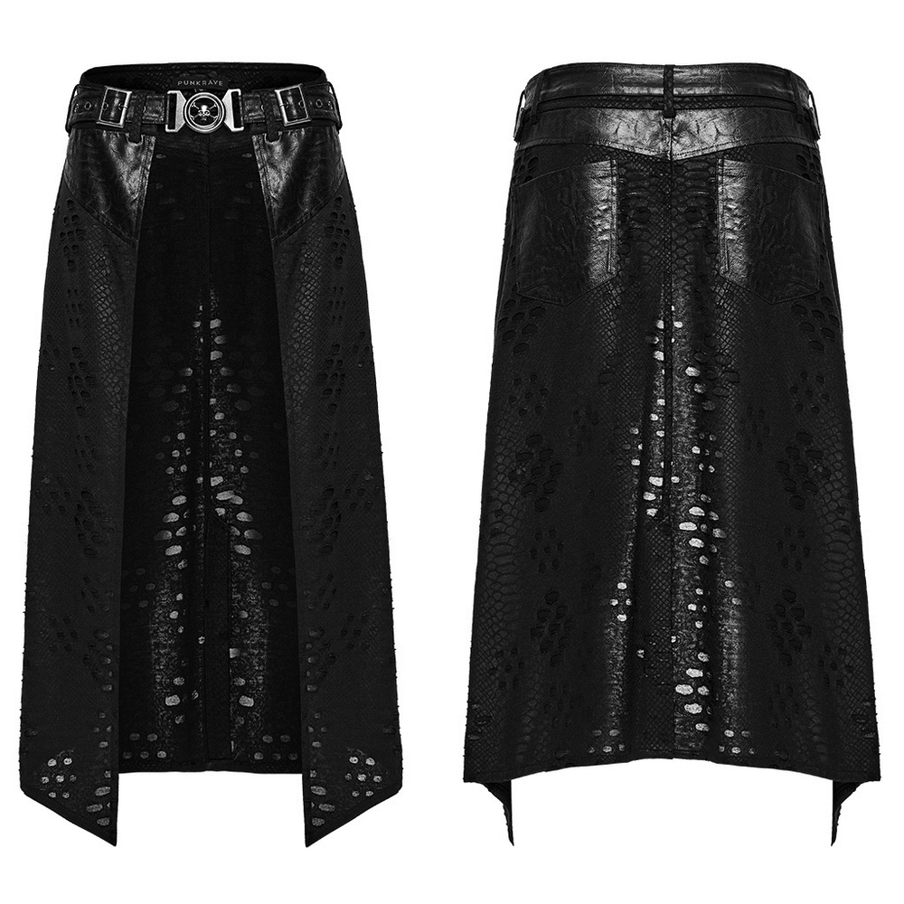 Punk Faux Leather Tattered Knitted Kilt for Men showcasing unique layered design with adjustable belt and sleek silhouette.