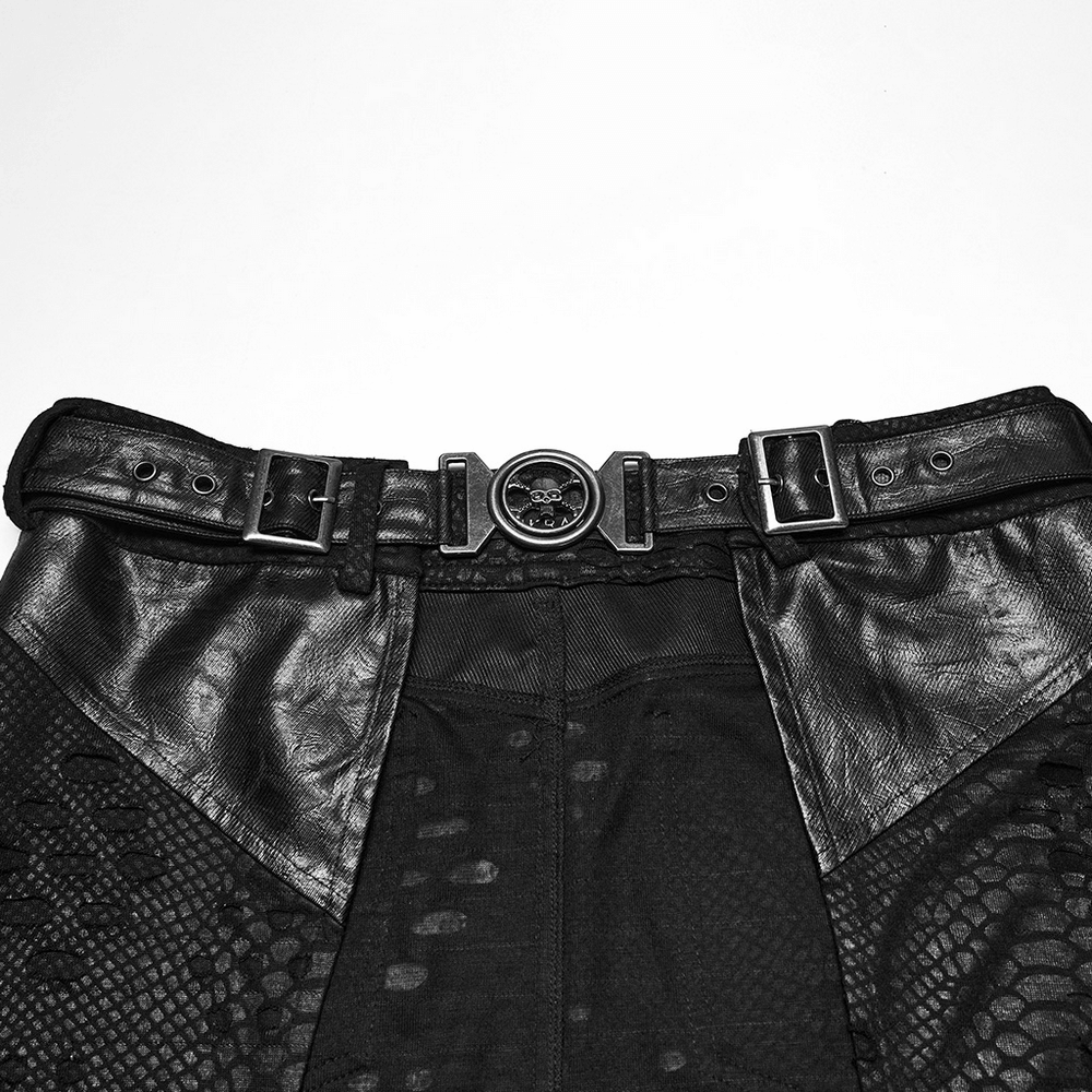 Punk Faux Leather Tattered Knitted Kilt for Men with adjustable belt and faux leather panels.