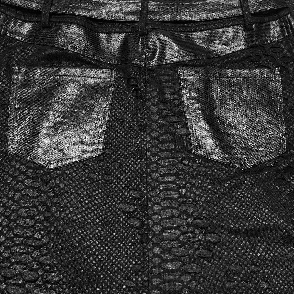 Punk Faux Leather Tattered Knitted Kilt for Men back detail showcasing textured faux leather and adjustable waistband.