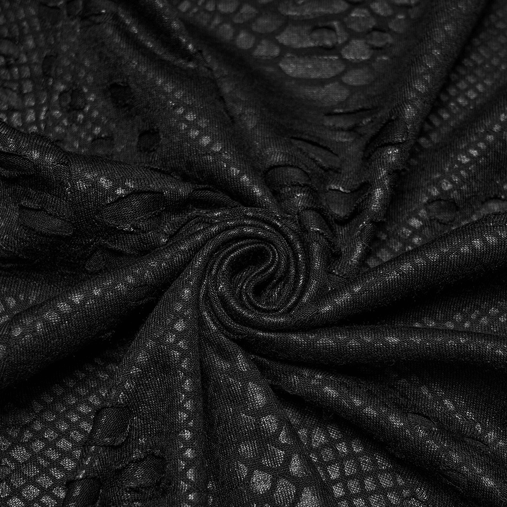 Close-up of black tattered knitted fabric featuring a reptile-textured design for the Punk Faux Leather Tattered Knitted Kilt for Men.