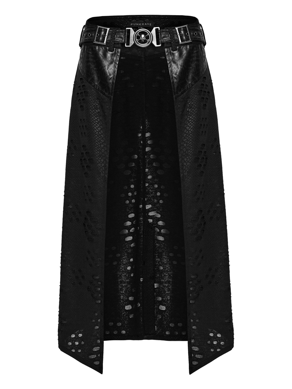 Punk Faux Leather Tattered Knitted Kilt for Men featuring an adjustable belt and a stylish layered design.