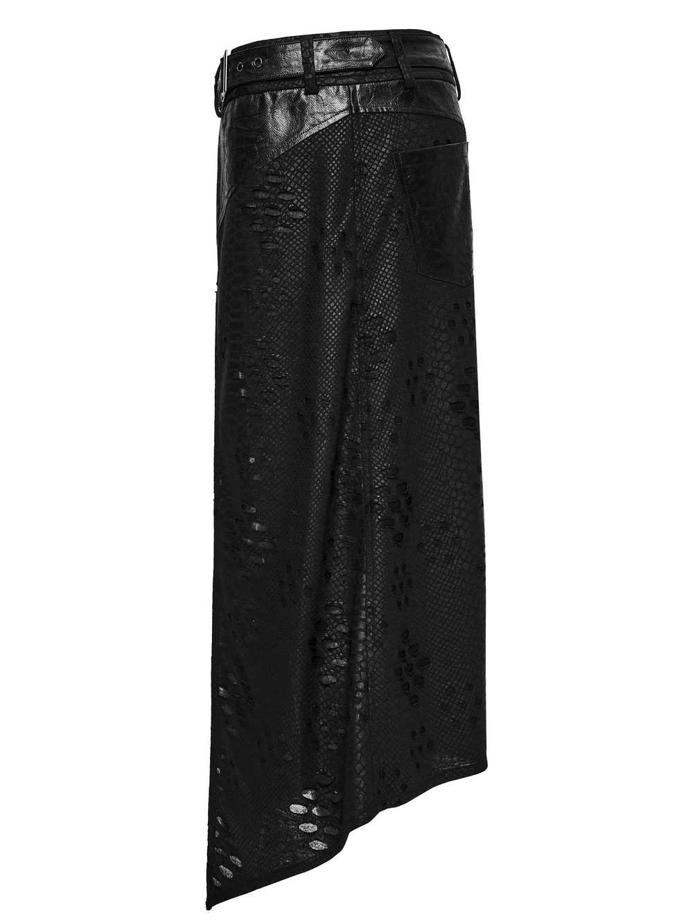 Punk Faux Leather Tattered Knitted Kilt for Men showcasing a stylish back view with a sleek design and adjustable belt.