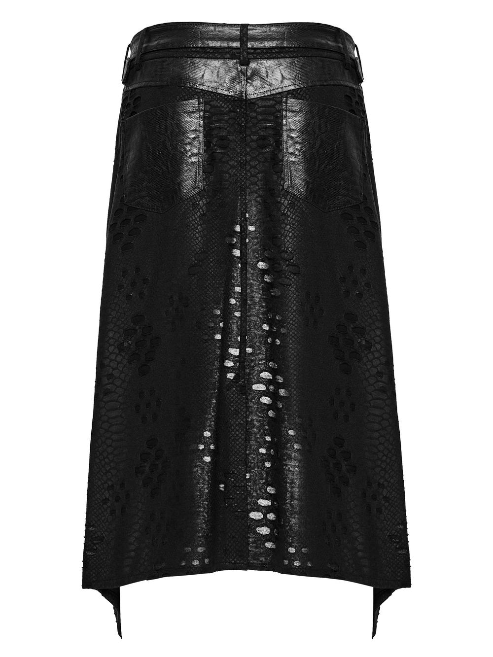 Punk Faux Leather Tattered Knitted Kilt for Men featuring a sleek back design and adjustable belt.