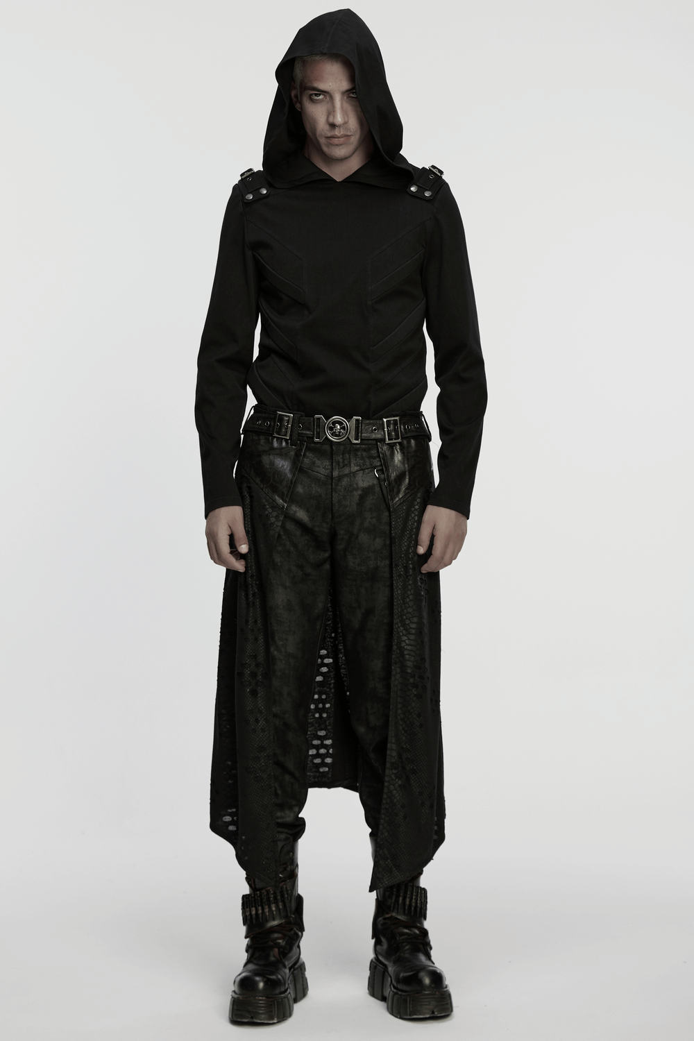 Punk Faux Leather Tattered Knitted Kilt for Men worn with a black hooded top, showcasing a bold and edgy fashion style.