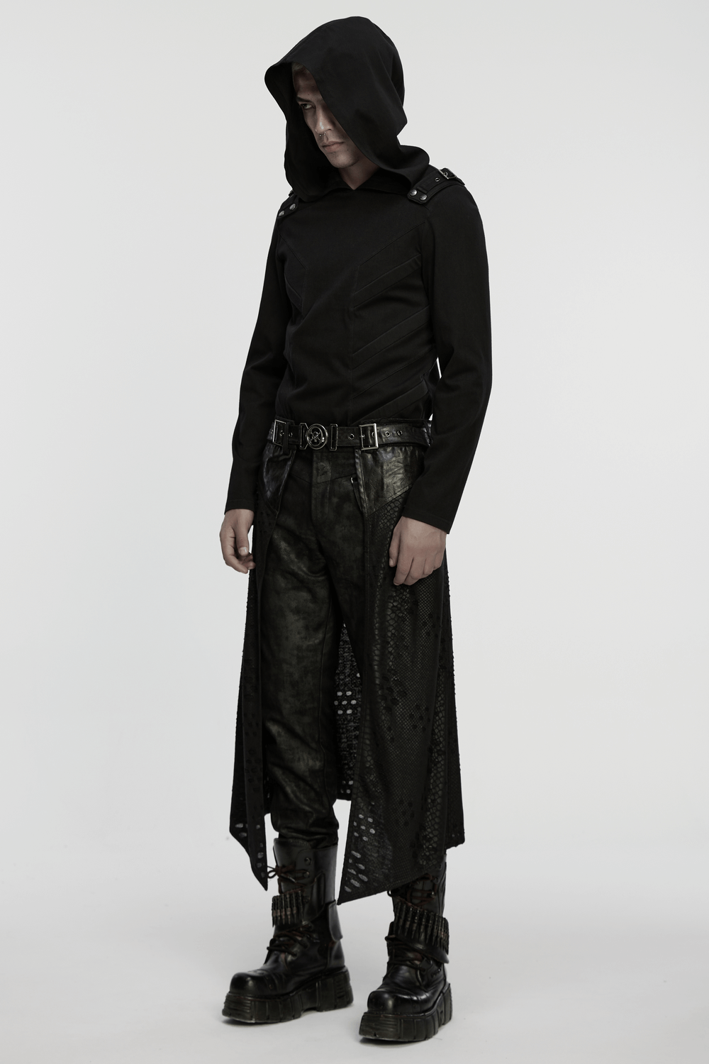 Punk Faux Leather Tattered Knitted Kilt for Men showcased by a model wearing edgy black fashion.