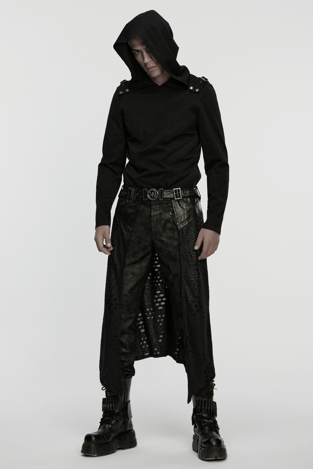 Punk Faux Leather Tattered Knitted Kilt for Men styled with a black hooded top and edgy accessories.