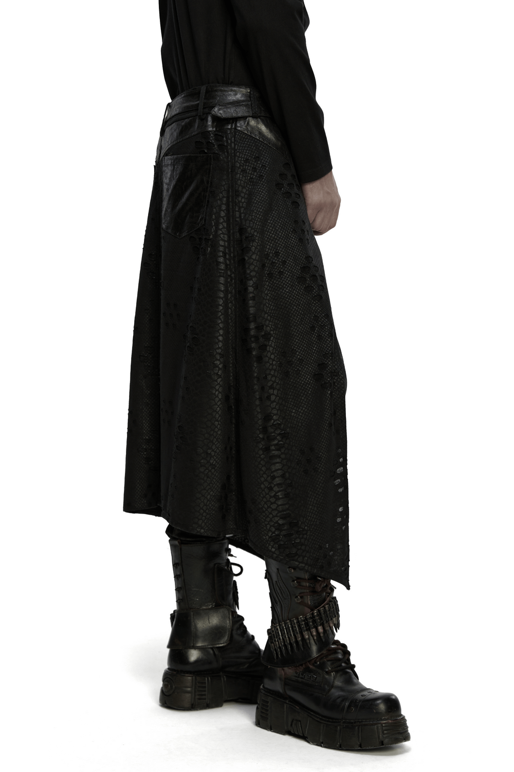 Punk Faux Leather Tattered Knitted Kilt for Men showcasing edgy style and layered textures with adjustable belt.
