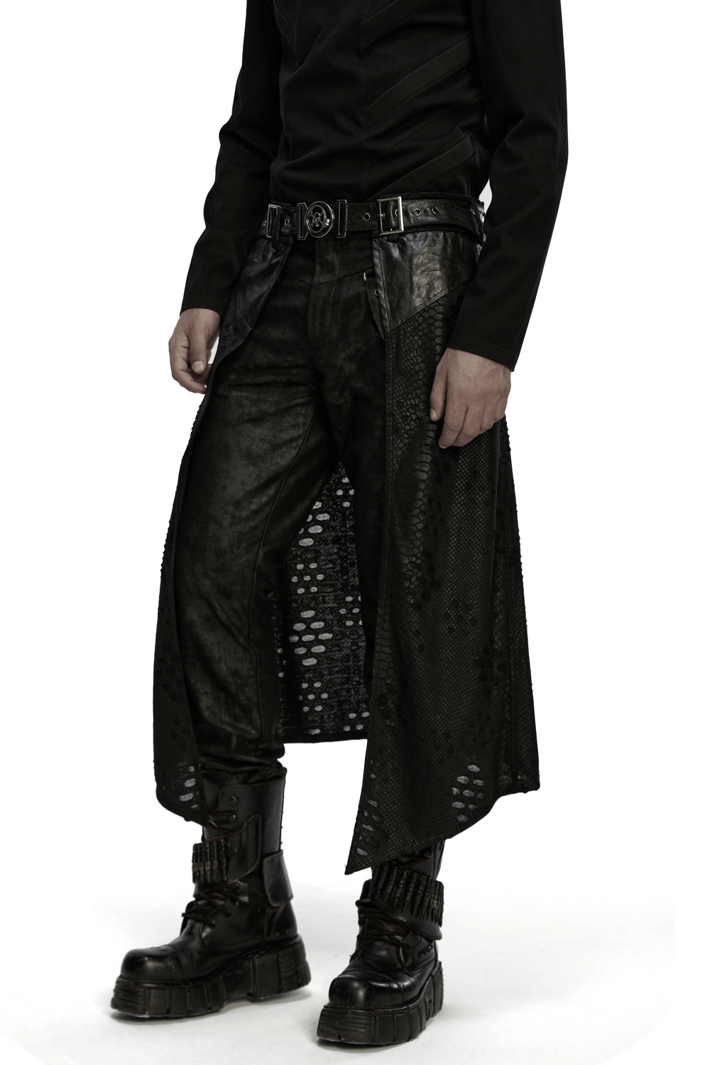 Punk Faux Leather Tattered Knitted Kilt for Men showcasing rugged style with an adjustable waist belt and layered effect.