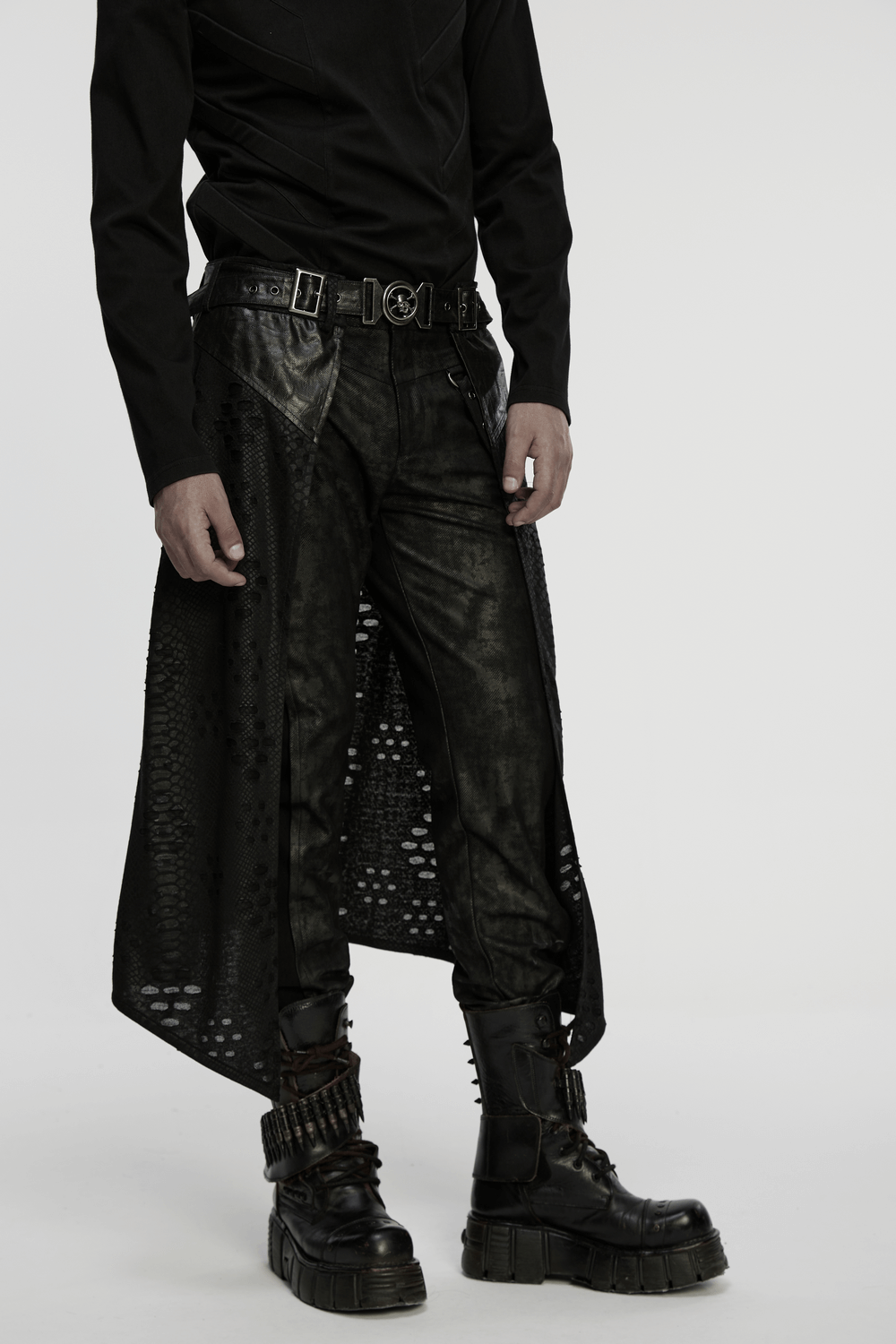 Punk Faux Leather Tattered Knitted Kilt for Men styled with a sleek black top and bold combat boots.