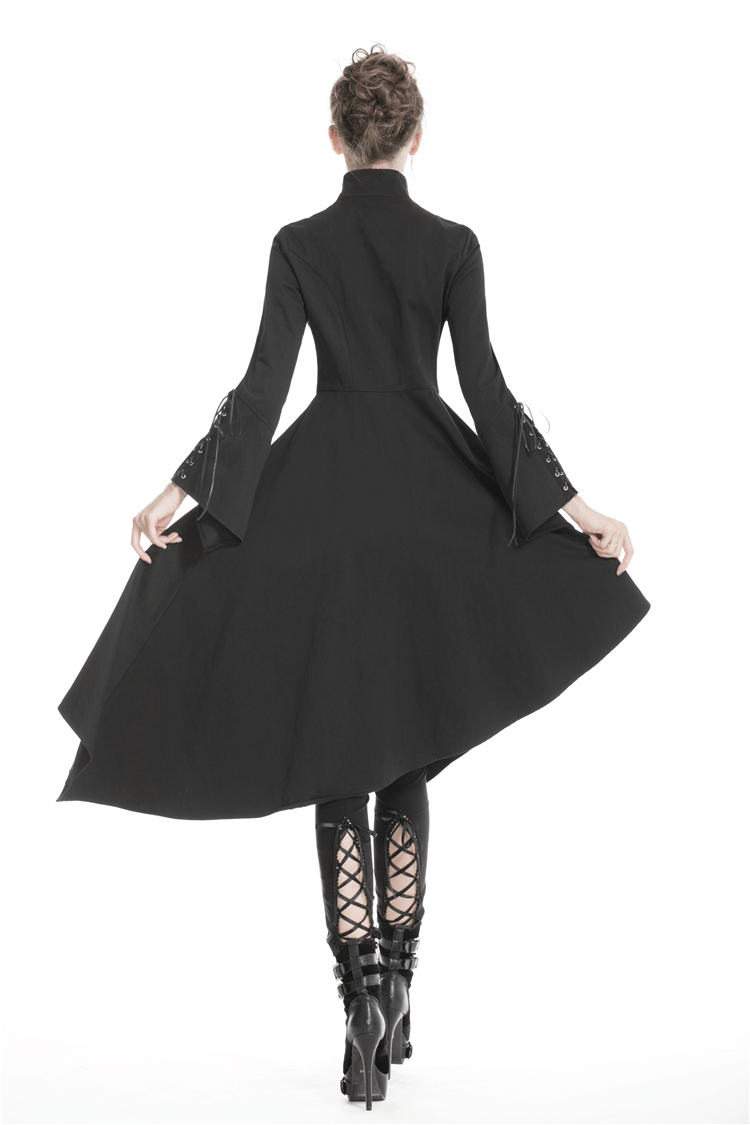 Gothic - Inspired Black and Teal Asymmetrical Long Coat with Puff Sleeves and Decorative Details