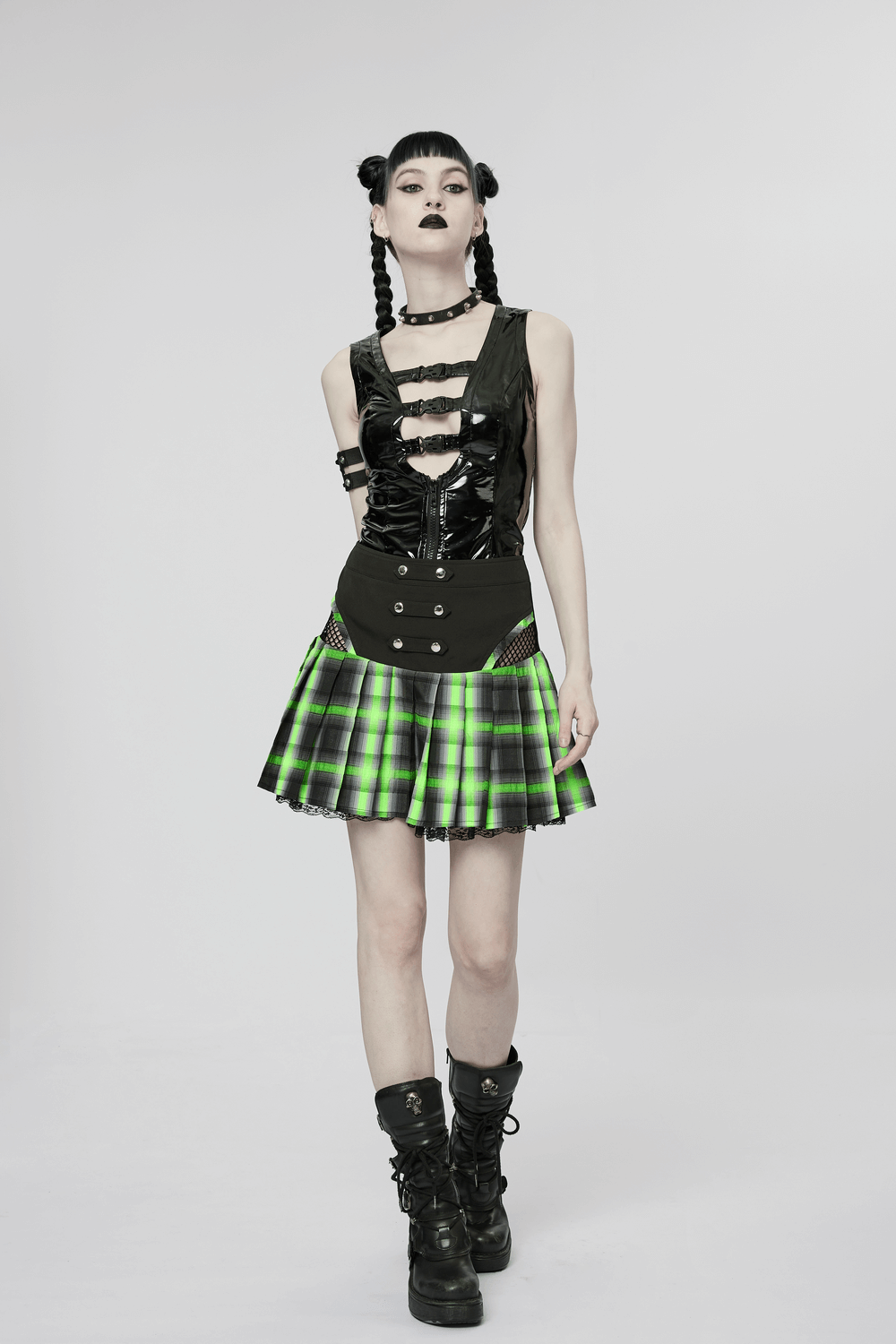 Punk Female Plaid Skirt with Lace and Snap Buttons