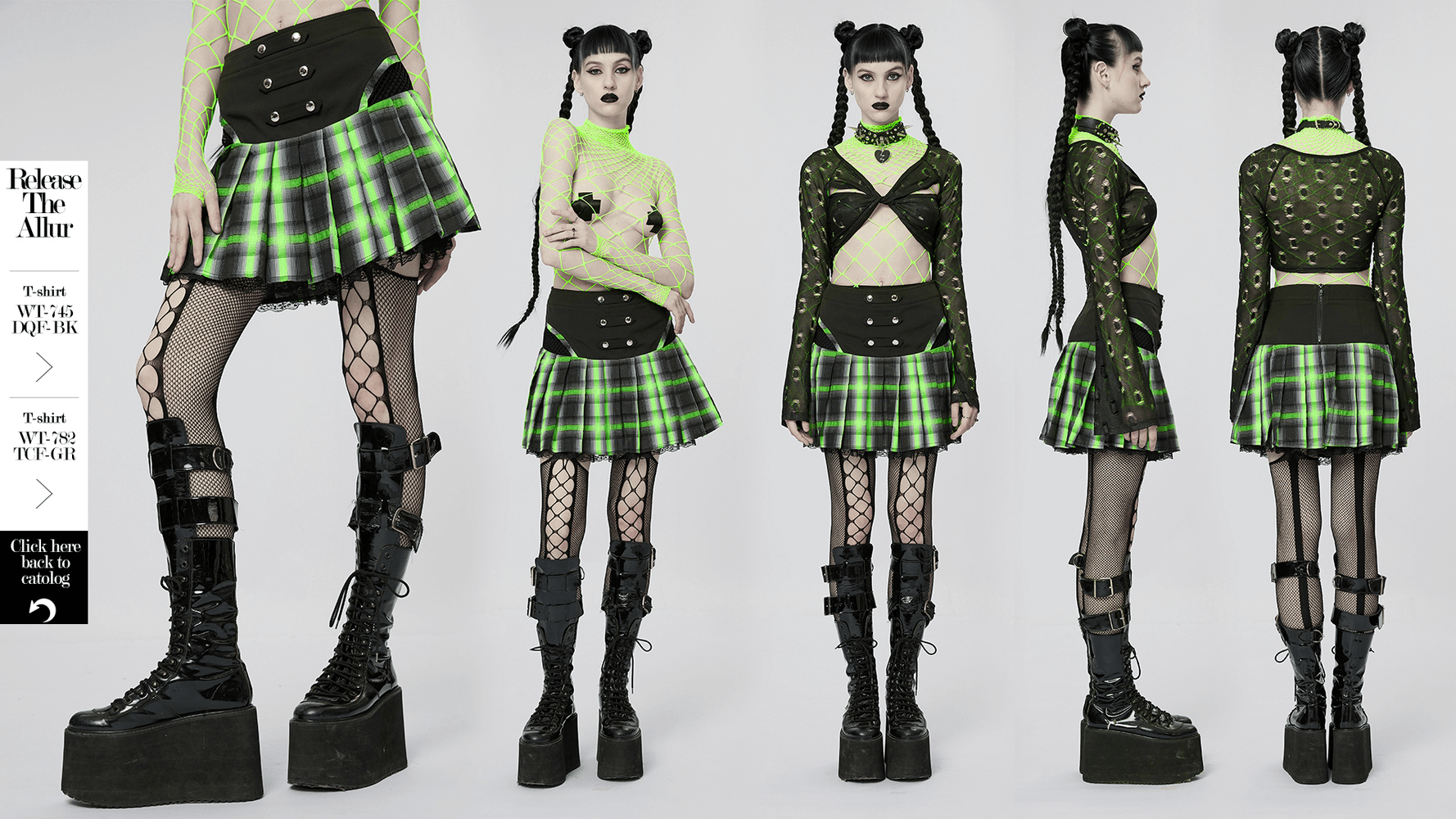 Punk female model showcasing a plaid skirt with lace and snap buttons, styled with edgy accessories and platform boots.