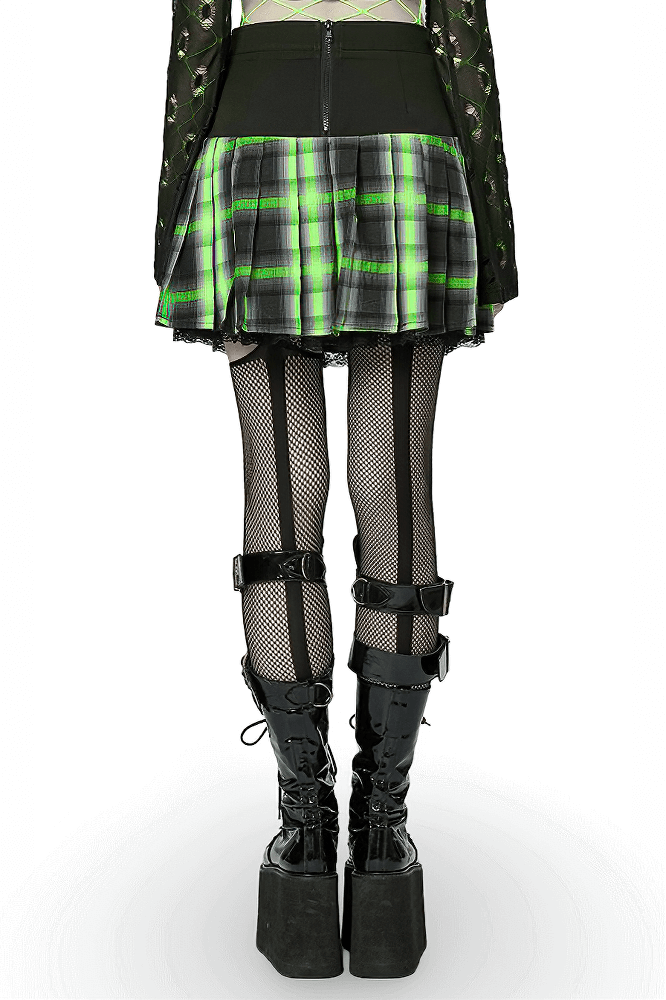 Punk female plaid skirt with lace, showcasing hollow sides and snap buttons, paired with fishnet tights and platform boots.