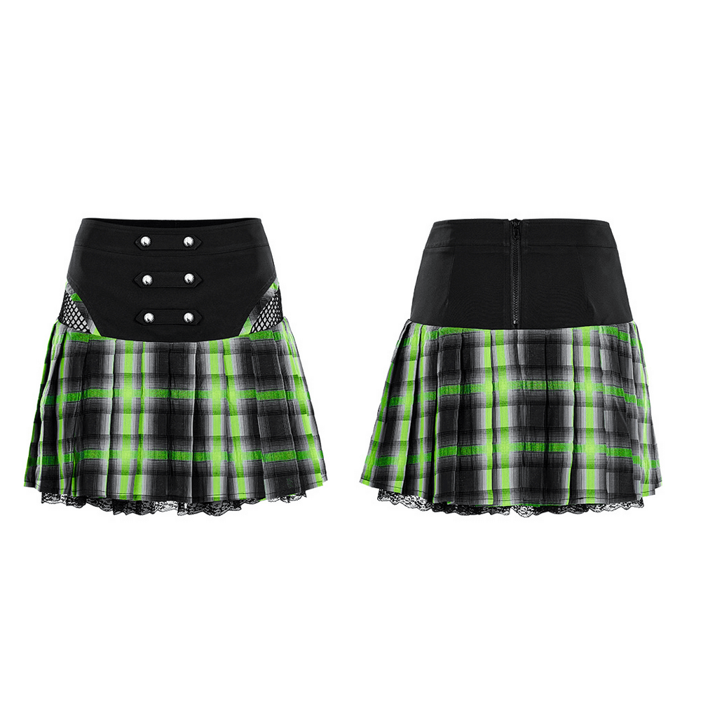 Punk female plaid skirt featuring lace hem, snap buttons, and hollow sides for a bold, edgy look.