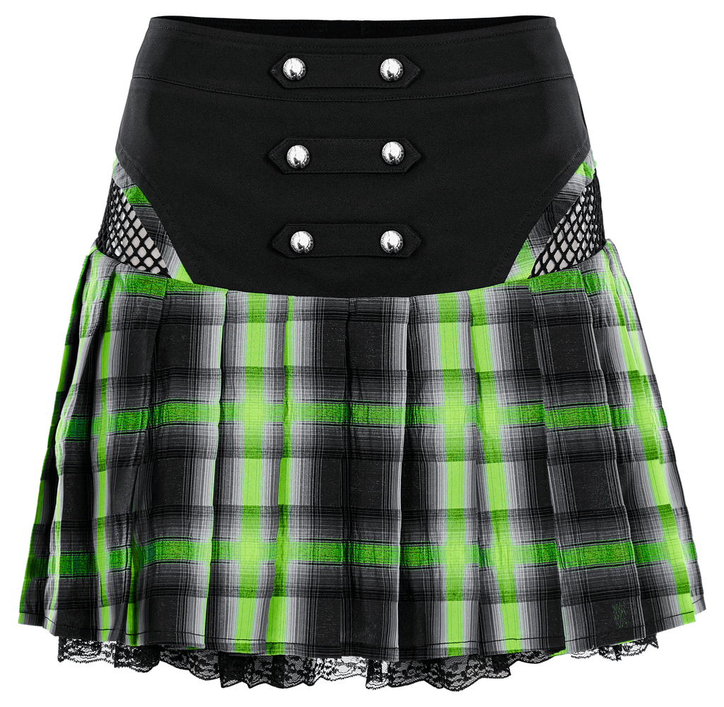 Punk female plaid skirt with lace, snap buttons, and hollow sides in black, green, and gray.