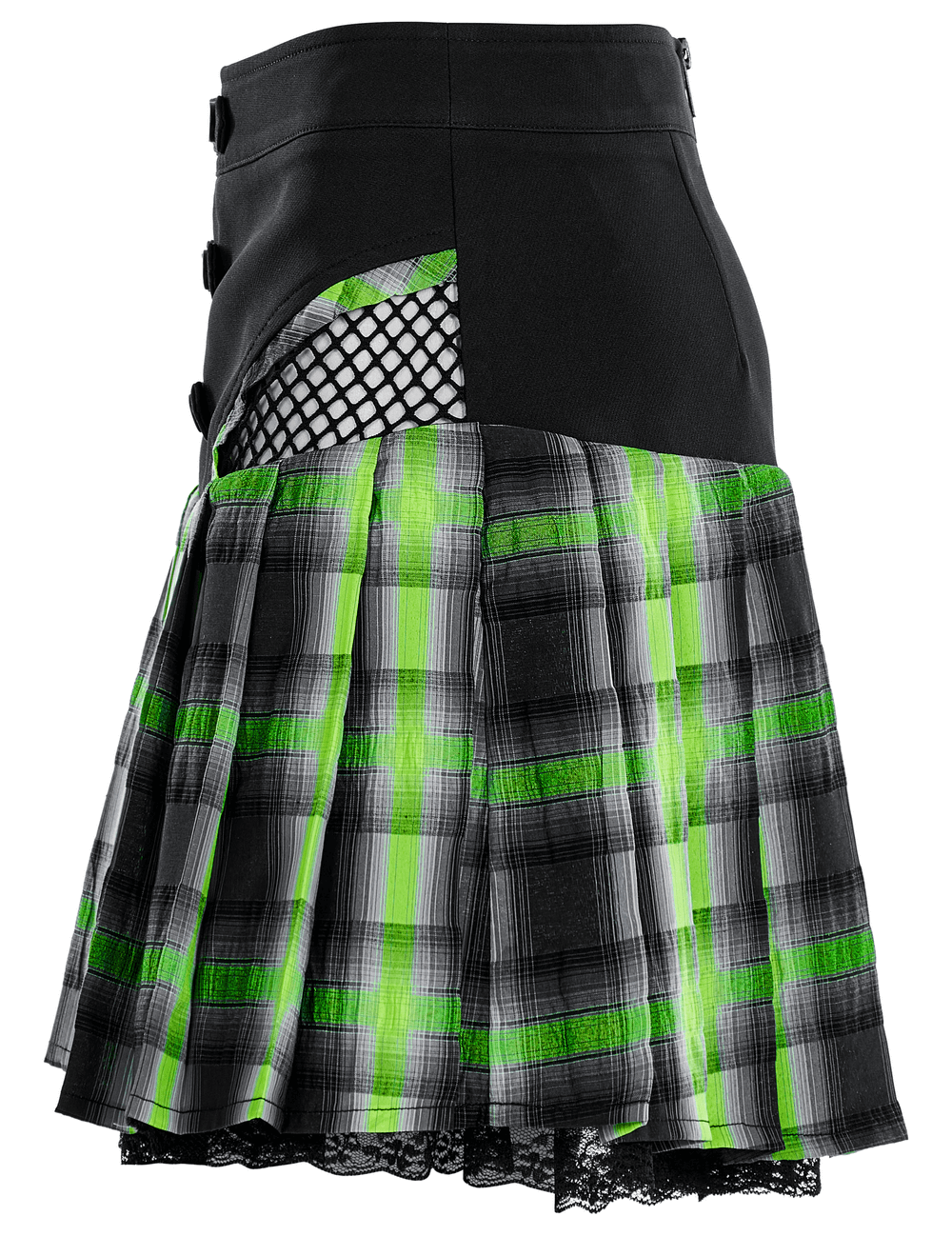 Punk female plaid skirt featuring lace, snap buttons, and hollow sides for a bold, edgy look.
