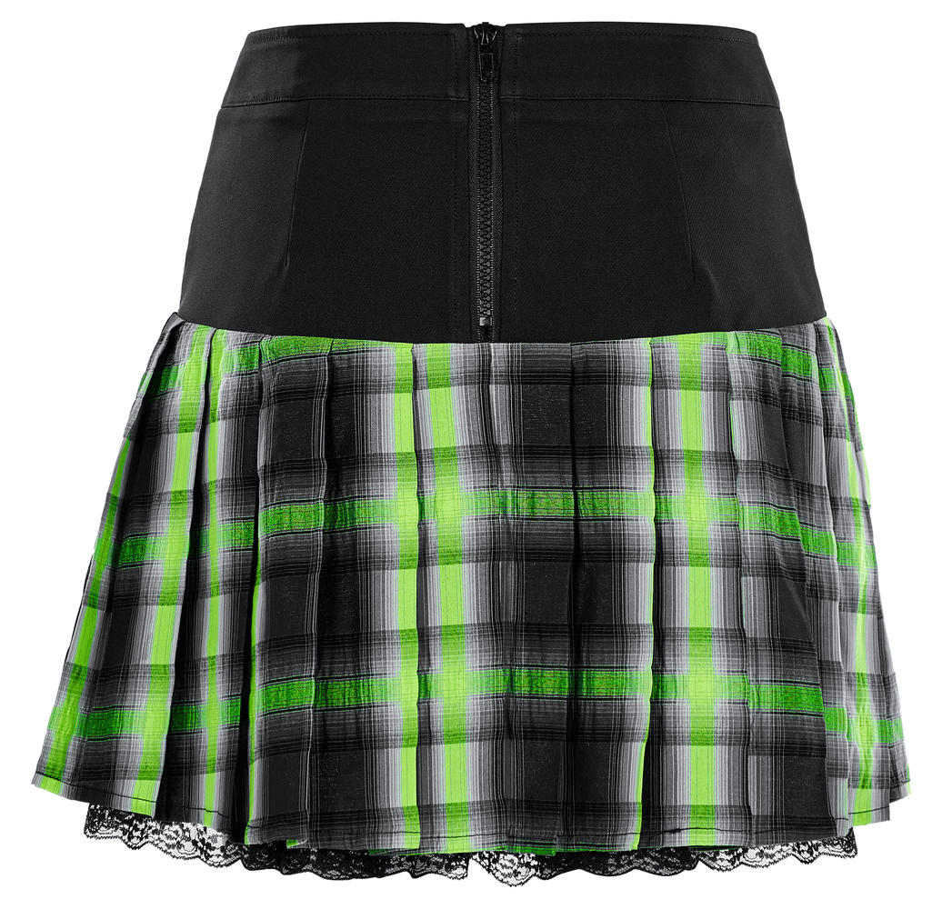 Punk female plaid skirt with lace hem and decorative snap buttons, featuring a bold green and black plaid design.