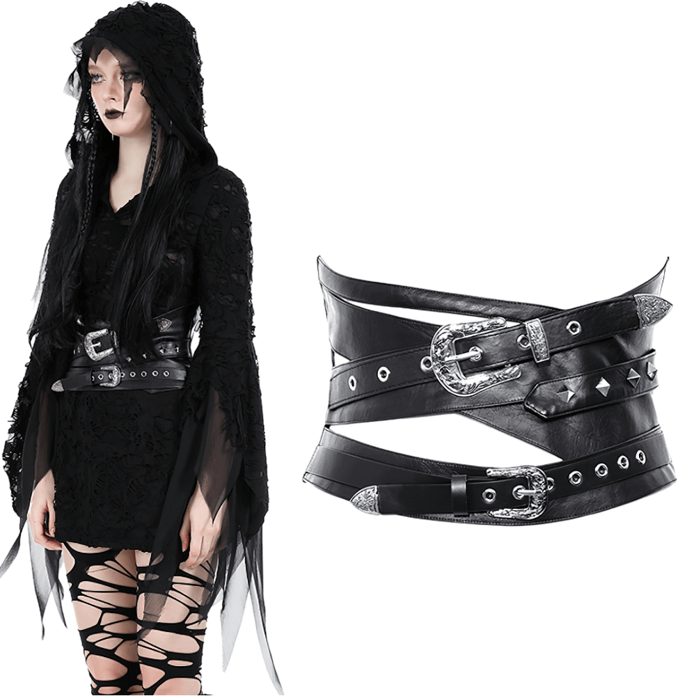 Punk female wearing a black PU leather corset belt with silver buckles and studs, styled in a chic gothic look.