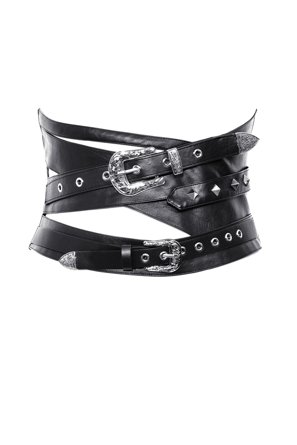 Punk black PU leather corset belt with silver buckles and studs, perfect for stylish outfits.