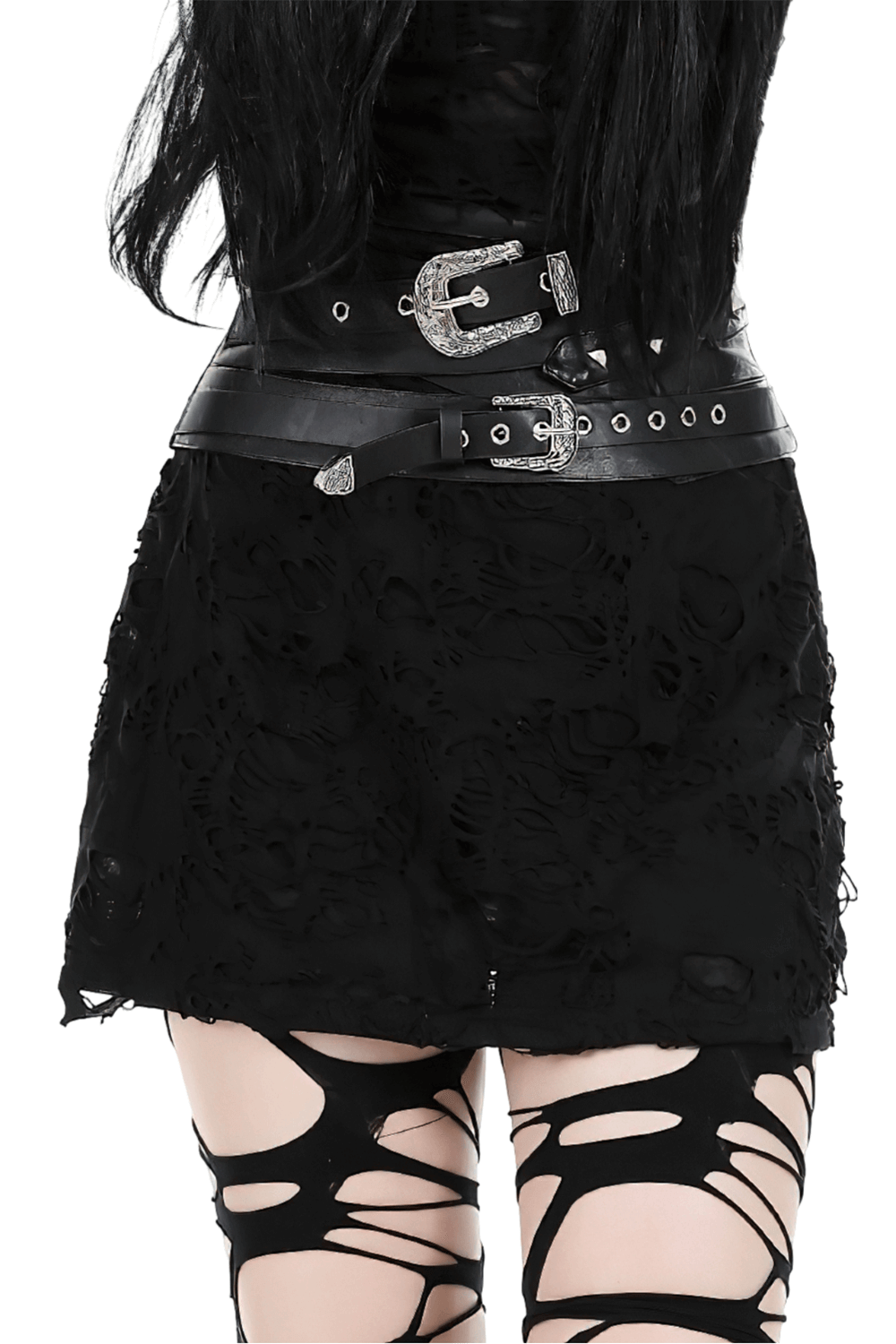 Punk female corset belt in black PU leather with silver buckles, styled with a black skirt and edgy stockings.