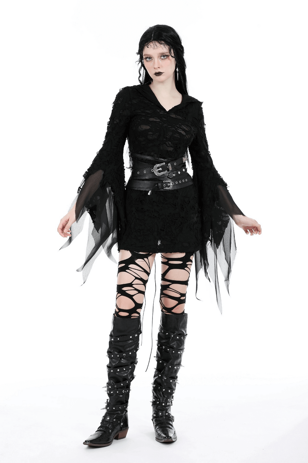 Punk female model in black outfit with PU leather corset belt and silver buckles, showcasing edgy fashion style.