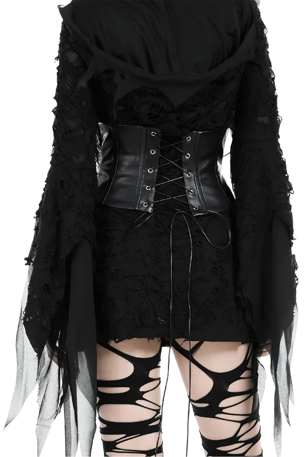 Punk female in black outfit showcasing a stylish PU leather corset belt with lacing detail and dramatic sleeves.