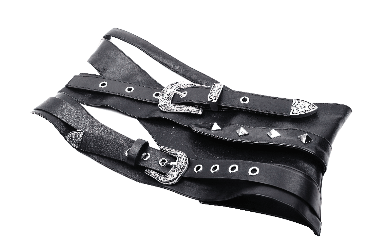 Punk female PU leather corset belt with stylish silver buckles and studs as a chic fashion accessory.