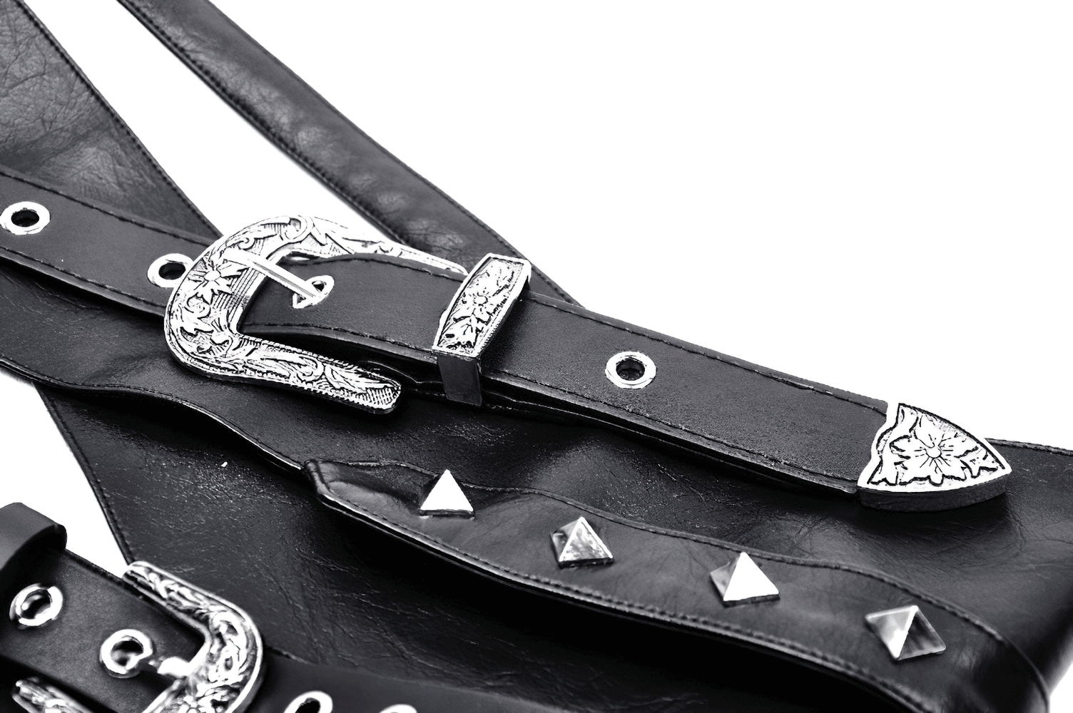 Punk black corset belt with silver buckles and studs, perfect for edgy fashion looks.