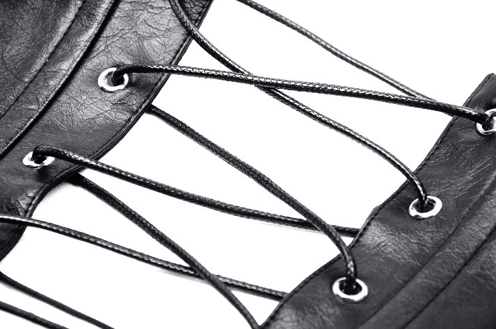 Close-up of a punk black corset belt showcasing intricate lace-up design and silver eyelets.