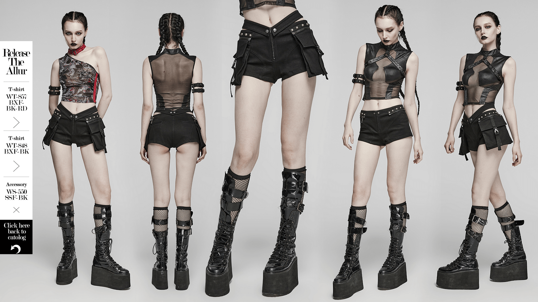 Punk female model showcasing black riveted shorts with detachable cargo pockets and chunky platform boots.
