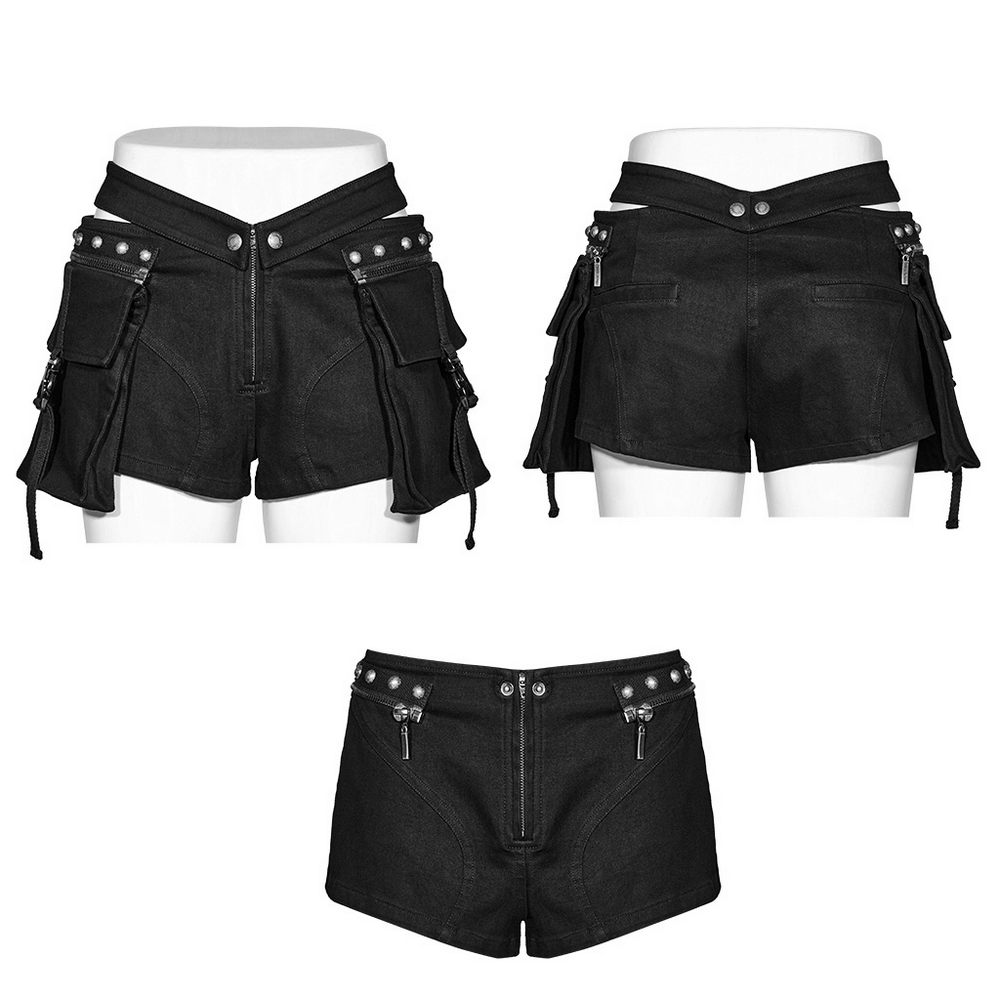 Black punk riveted shorts with detachable cargo pockets and buckle closures for a customizable rock look.