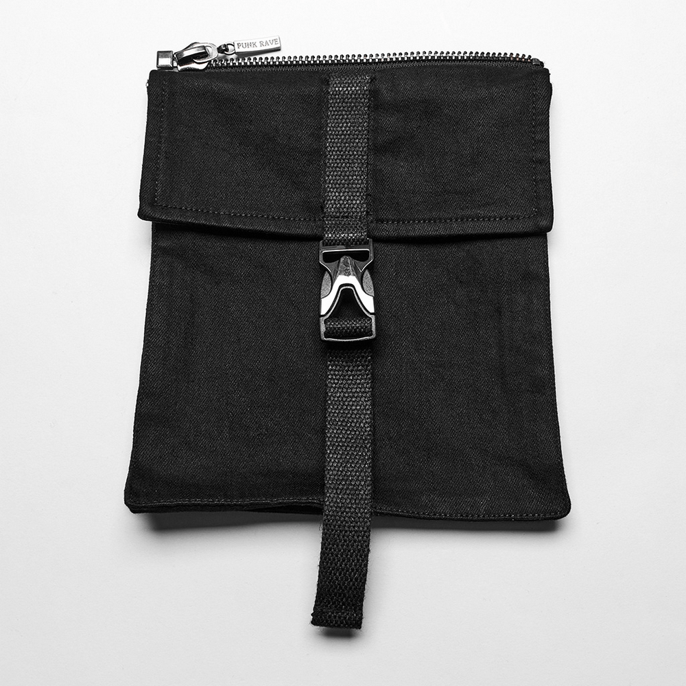 Stylish black pouch with zipper and buckle closure, perfect for punk fashion lovers.