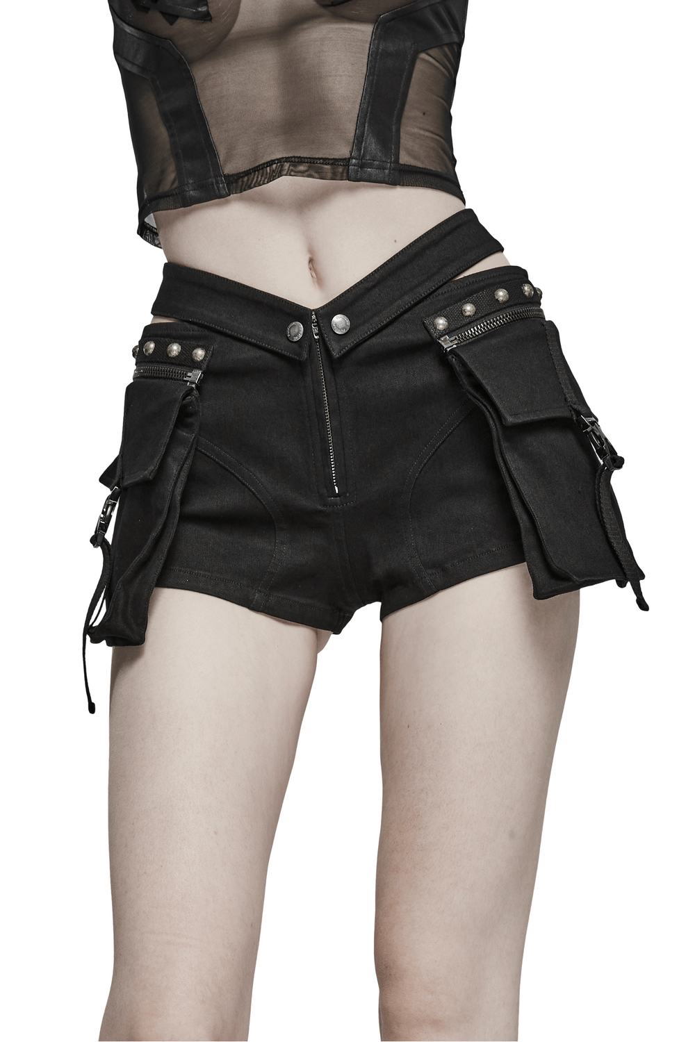 Punk female black riveted shorts with detachable cargo pockets and stud embellishments.