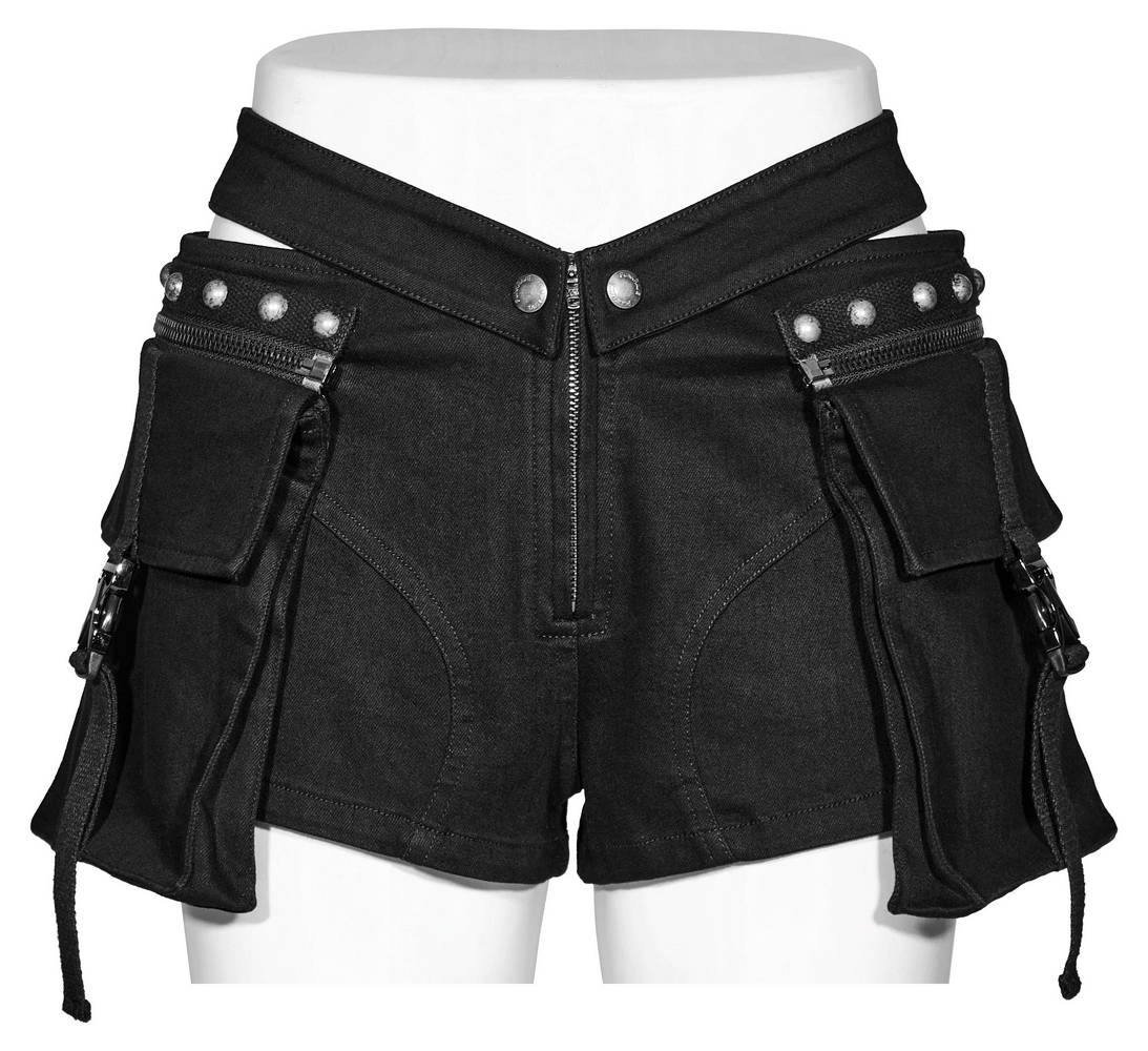 Punk Female Riveted Black Shorts with detachable cargo pockets and stud embellishments.