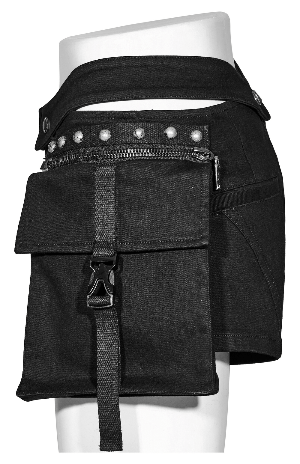 Black punk shorts with detachable cargo pocket and stud embellishments for a bold fashion statement.